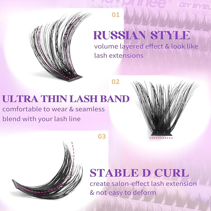 Russian Lash Extensions Kit Spikes Lash Individuals 100D 120D Volume Eyelash Clusters D-Curly Lash Clusters Kit 12-19MM DIY Eyelash Extensions with Bond and Seal Eyelash Glue and Tweezers by Mavphnee