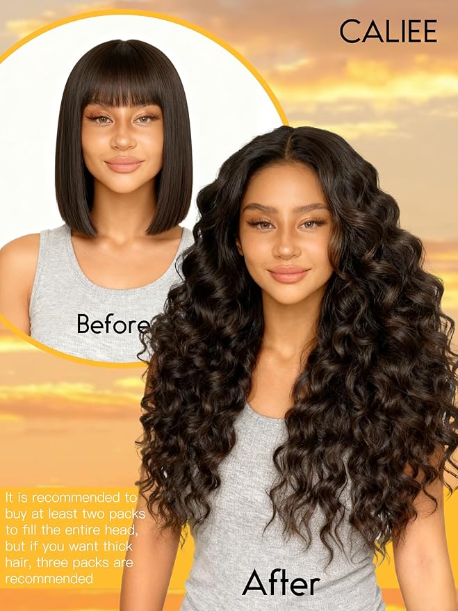 Caliee 16Inch Ombre Wavy Curly Clip in Hair Extensions Natural Black Fading into Dark Brown Clip In Human Hair for Women Natural Wave Curly Real Remy Hair Clip In Extensions 120Gram NW#T1B/4