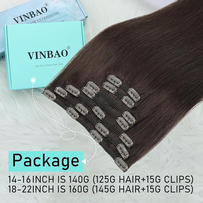 VINBAO Clip in Hair Extensions Human Hair Color 2 Dark Brown Hair Extensions For Women 20Inch 160G 7PCS Straight Thick Full Head Real Human Hair Clip Ins Double Weft (#HC2,20'')