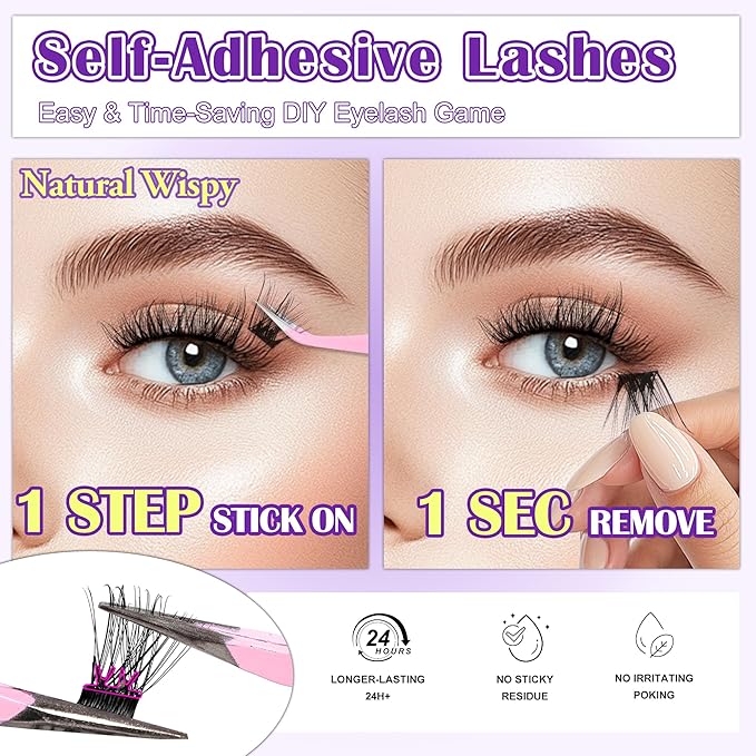 JoMay Self Adhesive Eyelashes, Press on Lashes No Glue Needed, Glueless Lashes Pre-Glued Natural Cluster Extension Kit D Curl For Beginners, No Sticky Residue 1 Step DIY 48PCS 10-16mm X03