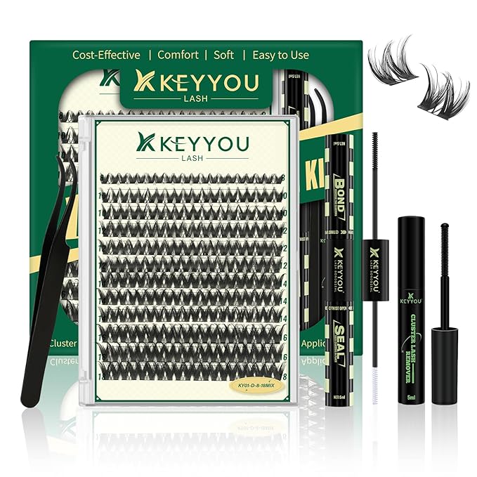 KEYYOULASH Lash Clusters Kit 120pcs 8-18MIX Lash Extension Kit Widespan Volume Lash Clusters with Bond and Seal,Remover,Applicators for DIY Eyelash Clusters at Home (KY01 Kit)