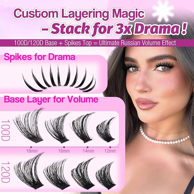Spikes Lash Extensions Russian Lash Clusters Spiky Individual Eyelashes 100D 120D Volume Cluster Eyelash Extensions 224 Pcs D-Curly Cluster Lashes Hybrid Eyelash Cluster by Mavphnee (12-19MM)
