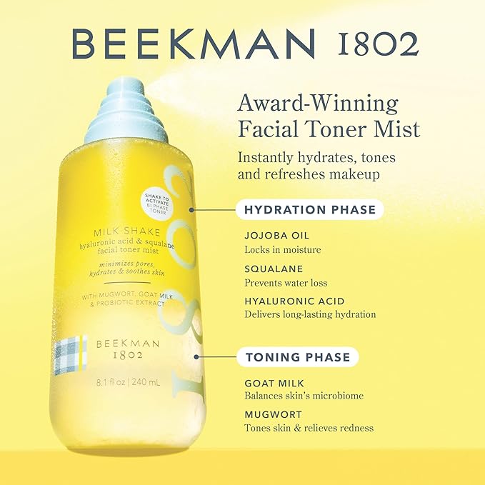 Beekman 1802 Milk Shake Facial Toner - Pack of 2 - Includes 2 oz + 8 oz Bottles - Fragrance Free - Relieves Redness - Non-Comedogenic, Alcohol Free - Good for Sensitive Skin - Cruelty Free