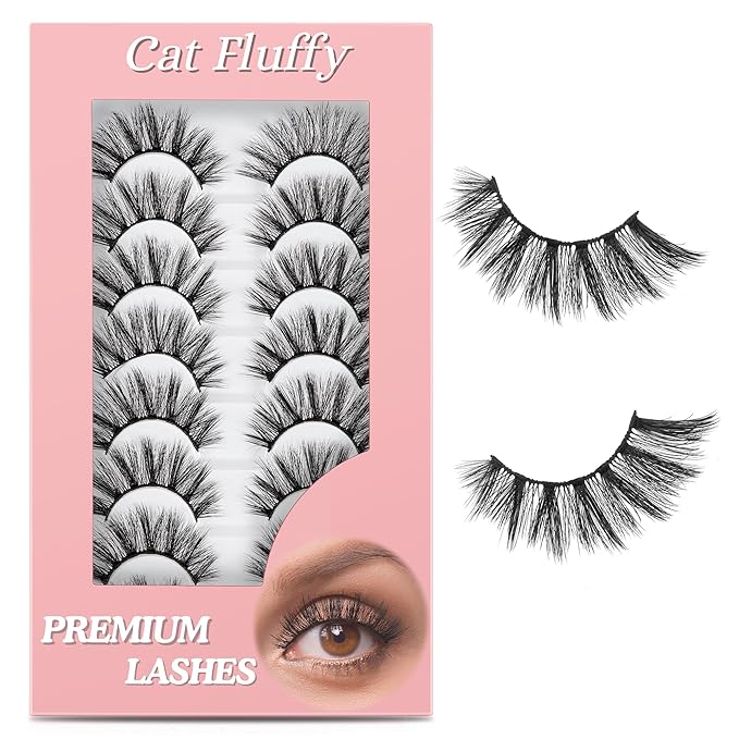 Manga Lashes Natural Eyelashes Spiky False Eyelashes Invisible Band 6D Cat Eye Lashes Wispy Fake Lashes Cosplay Anime Lashes 8 Pairs Asian Doll Lashes