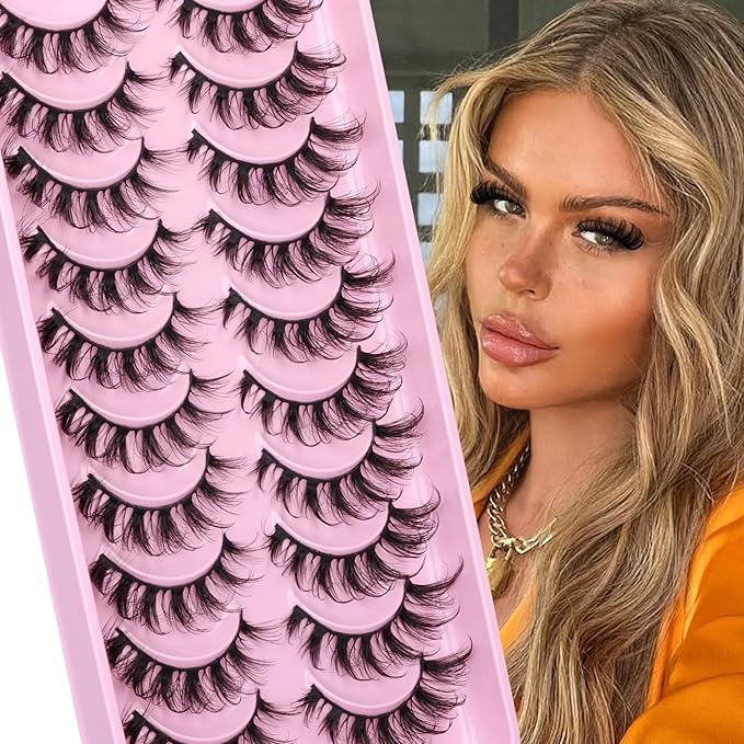 Eefofnn Natural False Eyelashes D Curly Lashes Cat Eye Russian Strip Lashes Fluttery Eyelashes 16mm Wispy Fake Lashes that Look Like Extensions Volume Faux Mink Eyelashes 10 Pairs Pack