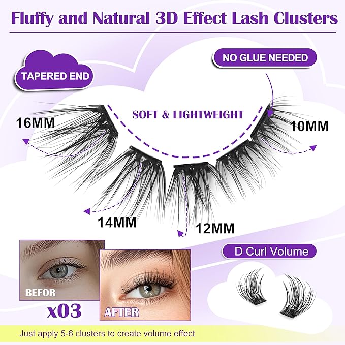 JoMay Self Adhesive Eyelashes, Press on Lashes No Glue Needed, Glueless Lashes Pre-Glued Natural Cluster Extension Kit D Curl For Beginners, No Sticky Residue 1 Step DIY 48PCS 10-16mm X03
