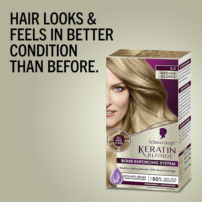 Schwarzkopf Keratin Blonde Hair Dye, 8.0 Medium Blonde, Professional Quality Permanent Hair Color, Bond Enforcing System Helps Prevent Breakage* Pre-Color Serum & Purple Conditioner Included