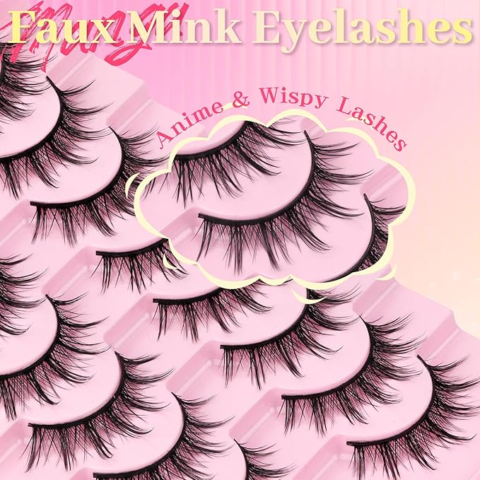 Ahrikiss Lashes Manga Lashes Natural Look Anime False Eyelashes 8 Pairs Faux Mink Lashes Wispy Fake Eyelashes Cosplay Spiky Fake Lashes 10-14mm Soft Strip Lashes (Comic)