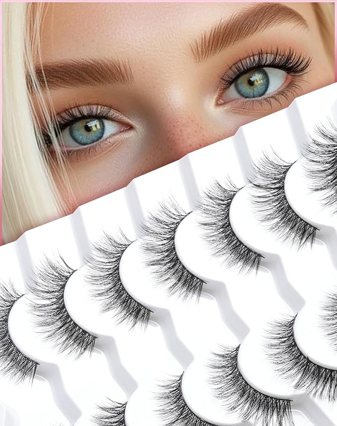 Eyelashes Cat Eye Lashes 15MM False Eyelashes Natural Look C Curl Lash Strips with 0.1MM Thin Band Volume Fake Lashes Pack ChirpyLuna Fluffy Eyelash, 7 Pair