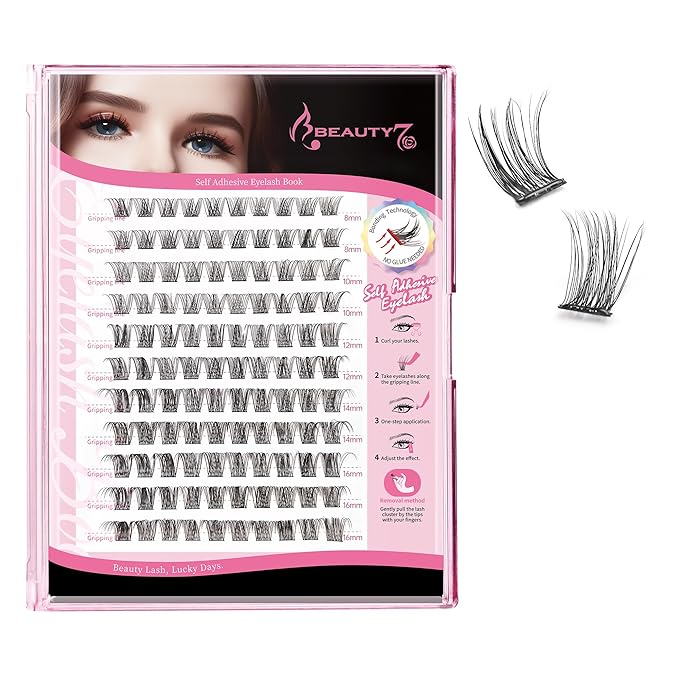 Beauty7 Self Adhesive Eyelashes, No Glue Needed, Self Adhesive Lash Clusters, Pre-Glued Eyelashes, Reusable Eyelash Clusters, D Curl 110pcs Clusters DIY Lash Extension (110pcs)