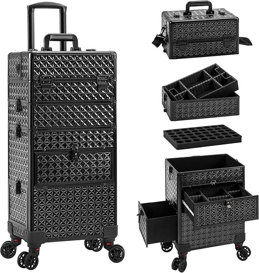AROUS Rolling Makeup Train Case with 3 Drawers, Cosmetology Case on Wheels Nail Trolley Cart Salon Station Organizer Cases for Nail Tech, Face Painting,Hairstylist, Makeup Artist, Black