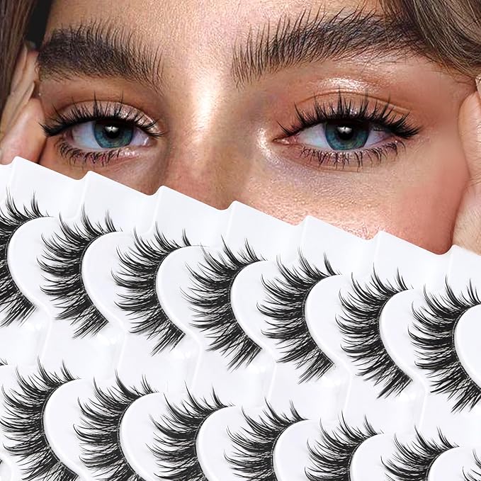 Ahrikiss Manga Lashes Spiky False Eyelashes C Curl Fake Lashes Natural Look 10 Pairs Anime Fake Eyelashes with Clear Band Wispy Faux Mink Lashes Look Like Individual Lashes (Anime)