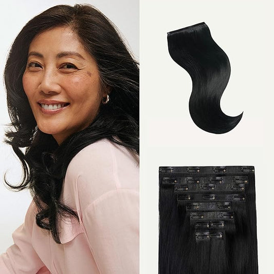 Luxy 100% Remy Human Hair - Seamless Clip-In Hair Extensions - Multi-Dimensional Color for Natural Blending, Adds Volume & Length 240 grams 24" Jet Black Seamless