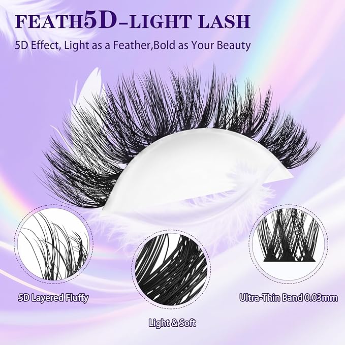 B&Q Lash Clusters Kit 132 pcs 5D Layered Volume Lash Extension Kit 8-18 mm Feathery Soft Lightweight Eyelash Clusters with Waterproof Bond and Seal Eyelash Applicator Remover (Set-Feath5D 06)