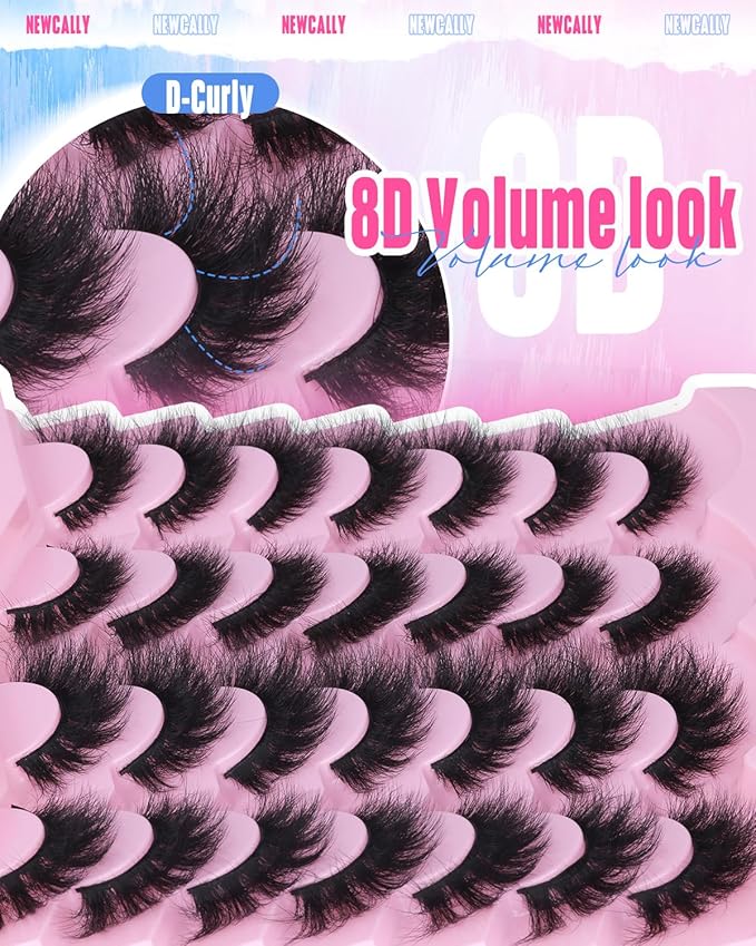 Newcally False Eyelashes Thick Volume Wispy Faux Mink Lashes 8D Volume Long Cat Eye Lashes Dramatic 18MM 2 Styles Mixed Fake Lashes 14 Pairs Pack