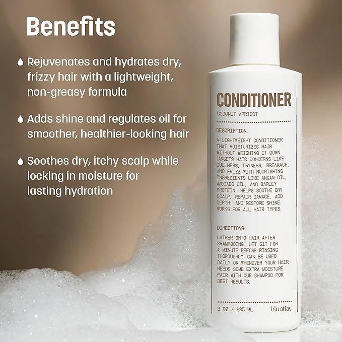 Blu Atlas Men's Natural Conditioner – Organic, Sulfate-Free, Paraben-Free – Deep Moisturizing & Scalp Soothing – Coconut Apricot Scent – Made in America – 8 oz