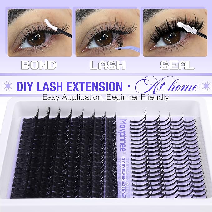 Lash Clusters Kit 100D Eyelash Clusters 12-21MM Long Spiky Cluster Eyelash Extensions Kit Mega Volume Individual Lash Extensions DIY Lash Spikes with Lash Bond and Seal and Tweezers by Mavphnee