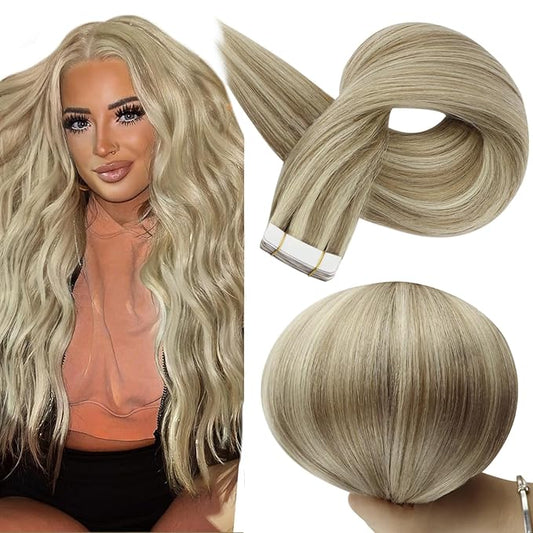 Full Shine Tape in Hair Extensions 24 Inch Double Sided Tapes Color 16 Highlighted 22 Blonde Remy Hair Extension Real Human Hair Skin Weft for Women Natural Straight 20 Pcs 50 Gram Add Length