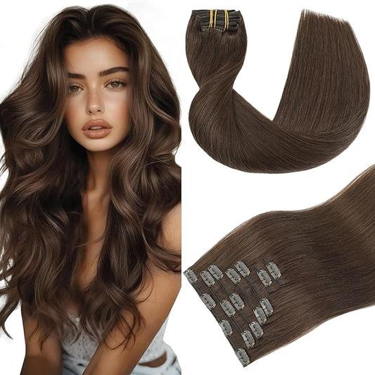 Youngsmile 14 Inch Clip in Hair Extensions Human Hair 120g 7 pieces, Clip in Hair Extensions for Women, Silk Straight, Double Weft Hair Extensons, Chocolate Brown #4 (CLIP#4-14Inch)