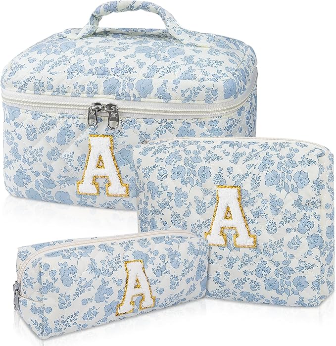 Initial Makeup Bag Set, Personalized Quilted Makeup Bag, Large Floral Cosmetic Bag for Women, Cute Cotton Custom Make up Bags, Flower Travel Toiletry Bag Teen Girl Gift Blue Flower A