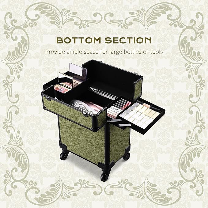 BYOOTIQUE Cosmetology Cases on Wheels Rolling Makeup Organizer Cart Professional Nail Tech Storage Hairdressing Brush Bags for Nail Artist Beauty Barber Salon Hairstylist,Rococo Moss