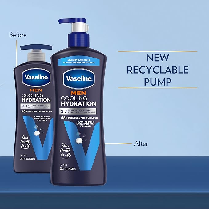 Vaseline Men Cooling Hydration 3-in-1 4 Pack for Dry Skin Face, Hands & Body Lotion for Men with Menthol & Ultra-Hydrating Lipids 20.3 oz
