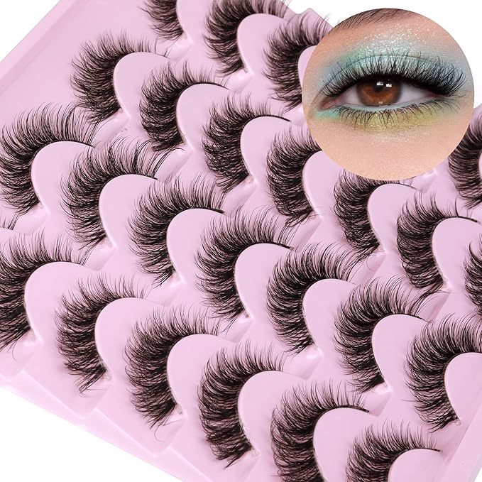 Newcally Lashes Mink False Eyelashes Natural Look Wispy Clear lash Band Fake Eyelashes Volume 3D Curly Strip Volume Cat Eye Lashes Pack 14 Pairs