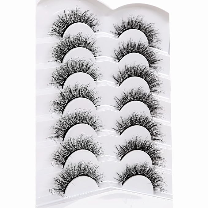 Pooplunch False Eyelashes Wispy Lashes Cat Eye Volume 8D Natural Fluttery Fake Eyelashes Faux Mink Lashes Strips 7 Pairs Pack