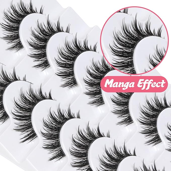 Ahrikiss Manga Lashes Spiky False Eyelashes C Curl Fake Lashes Natural Look 10 Pairs Anime Fake Eyelashes with Clear Band Wispy Faux Mink Lashes Look Like Individual Lashes (Anime)