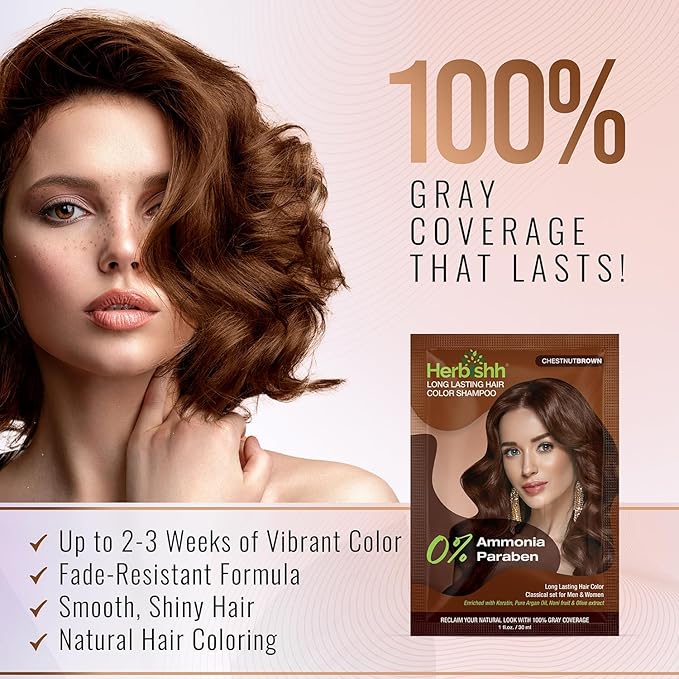 Herbishh Travel Pack Hair Dye Color Shampoo + 15pc Argan Hair Mask Sachet (Chestnut Brown, 15 Sachets)