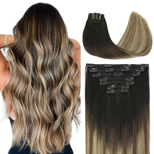 VINBAO Clip in Hair Extensions, Straight Clip in Extensions for Women, 22inch 160g 7Pcs, 1B/4/27 Balayage Natural Black Ombre Brown to Caramel Blonde (#HC1B427,22'')