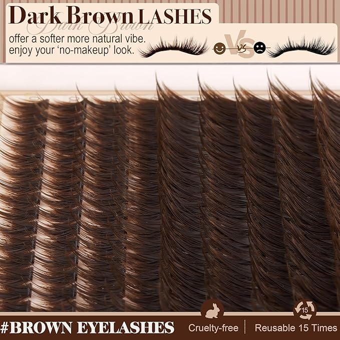 Brown Lash Clutsers Wispy Cluster Eyelash Extensions Fluffy Individual Lashes Natural Cluster Lashes Dark Brown Lash Extensions Fairy Lash Spikes Extension Soft Vibe Look (144Pcs CC Curve 10-16MM)