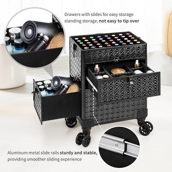 AROUS Rolling Makeup Train Case with 3 Drawers, Cosmetology Case on Wheels Nail Trolley Cart Salon Station Organizer Cases for Nail Tech, Face Painting,Hairstylist, Makeup Artist, Black