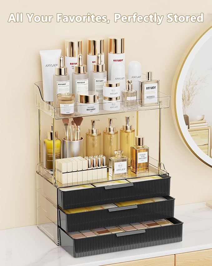 Bathroom Organizers and Storage, Makeup Organizer (Sturdy Durable Attractive), Ideal for Vanity, Countertop, Counter, Perfume, Skincare, Cabinet, Cosmetic, Dresser Organizer (Deep Black)