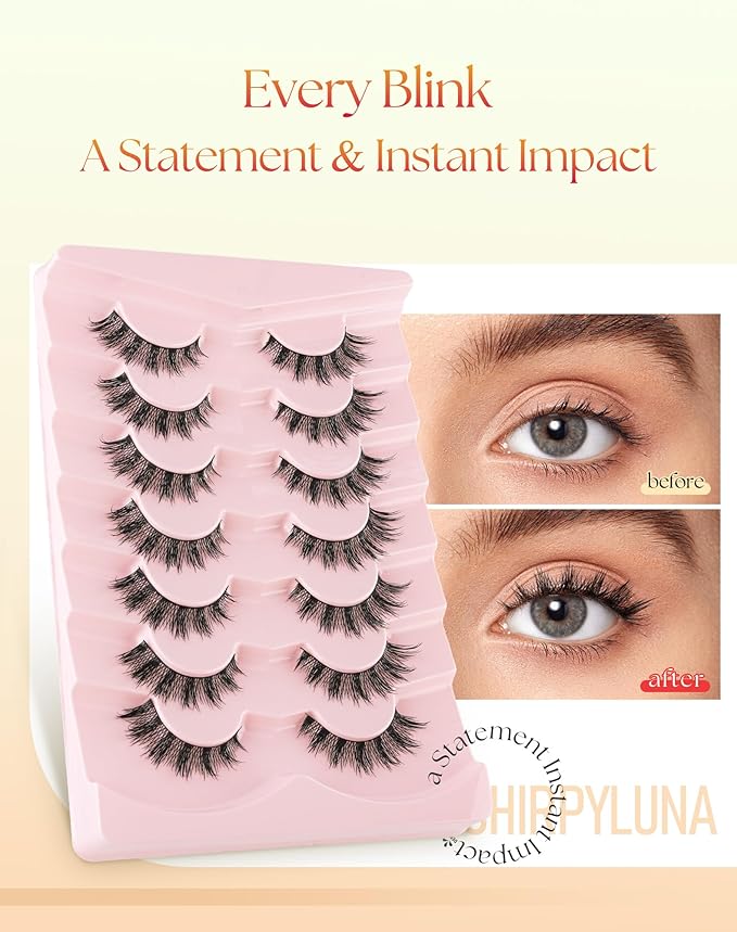 Lashes Cat Eye False Eyelashes Natural Look 13MM Manga Lash Strips C Curl Eye Lashes Pack with 0.03MM Thin Band ChirpyLuna Fake Eyelashes, 7 Pair