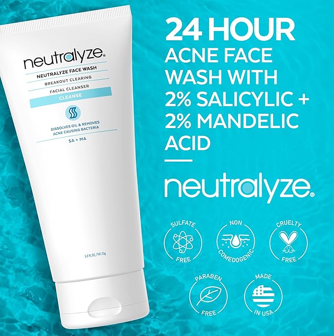 Neutralyze Acne Wash for Face with 2% Mandelic Acid & 2% Salicylic Acid - Professional Grade, A.H.A. + B.H.A. Facial Cleanser for Acne Prone Skin (90+ Day)