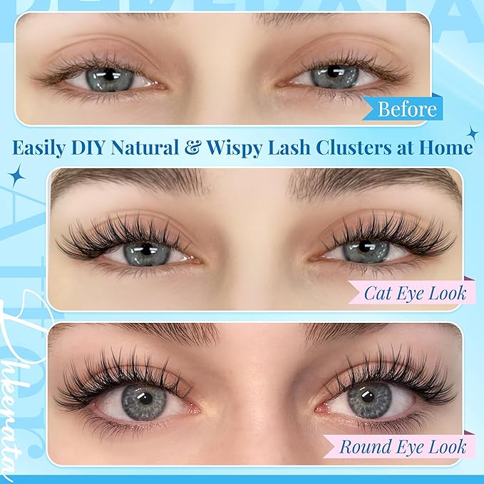 Natural Lash Extension Kit Wispy Lash Clusters Kit Lashes Clusters C Curvature Cluster Eyelash Extension DIY Cluster Lashes with Lash Bond Seal Lash Glue Remover Tweezers Individual Lashes