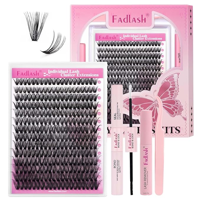 FADLASH DIY Lash Extension Kit Individual Lashes Clusters Lash Bond and Seal, Clusters Lash Glue Remover and Eyelash Tweezers for Eyelash Extensions (40D-0.07D, 12-18mm, Kit)