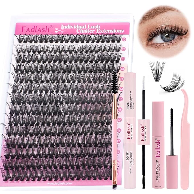 FADLASH DIY Lash Extension Kit Individual Lashes Cluster D Curl Eyelash Extension Kit D Curl Lash Clusters Lash Applicator Tool for Self Application at Home(KIT 40D-D-12-18mm)
