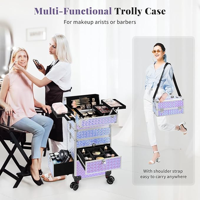 AROUS Rolling Makeup Train Case with 3 Drawers, Cosmetology Case on Wheels Nail Trolley Cart Salon Station Organizer Cases for Nail Tech, Face Painting,Hairstylist, Makeup Artist, Silver