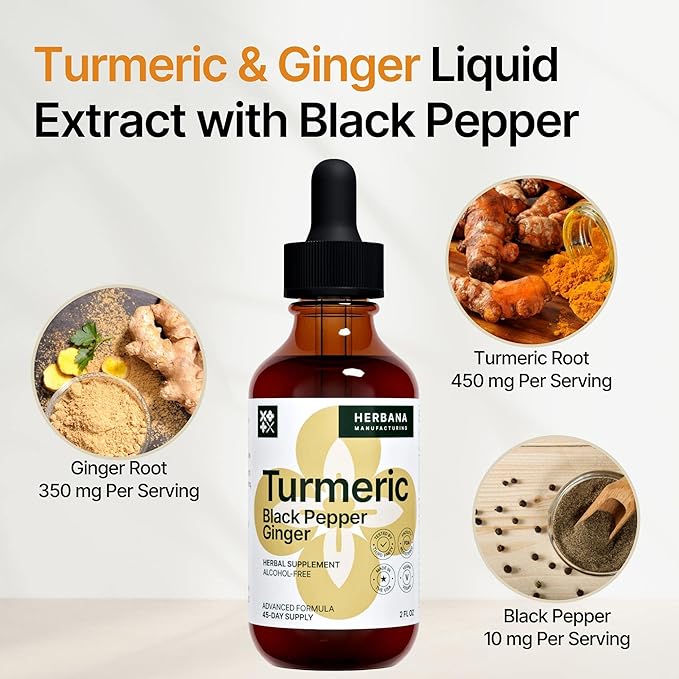 Turmeric 3-in-1 Liquid Extract - Curcumin & Ginger, Black Pepper - Natural Herbal Supplement - Immune and Brain Booster Tincture (2 FL OZ)