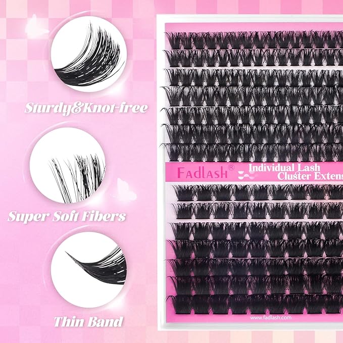 FADLASH Lash Extension DIY Kit Volume Fluffy Lash Clusters D Curl Cluster Lashes with Lash Bond and Seal Lash Tweezers for DIY Eyelash Extension at Home for Self Use（Kit 100D+200D-0.07D-12-18MIX）