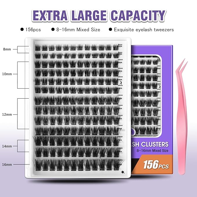 Fluffy Lash Clusters, 156 Lightweight Clusters Individual lashes, 8-16mm Individual Lashes DIY Cluster Lashes Extension Soft Comfortable False Eyelashes (Volume-Mixed)
