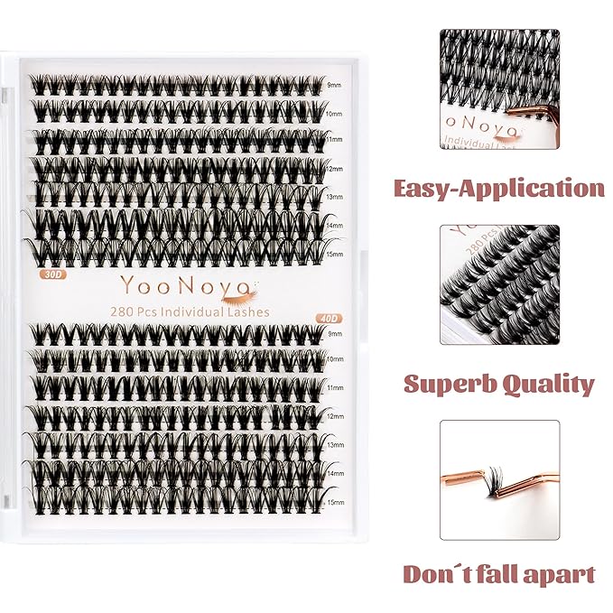 Lash Clusters 280pcs DIY Individual Lashes 30D 40D Cluster Eyelash Extensions 9-15mm Eyelash Clusters Lash Extensions for Self Application (30D+40D, 0.07D, 9-15mm)
