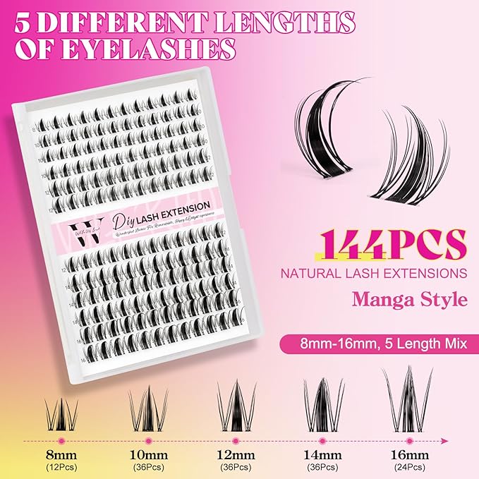 Manga Lash Clusters Kit DIY 144Pcs Fairy Eyelash Clusters Natural Lashes Kit with Anime Lash Clusters Bond and Seal, Remover and Tweezers for Invisible Band Eyelash Extensions Kit(D-Mix8-16mm)
