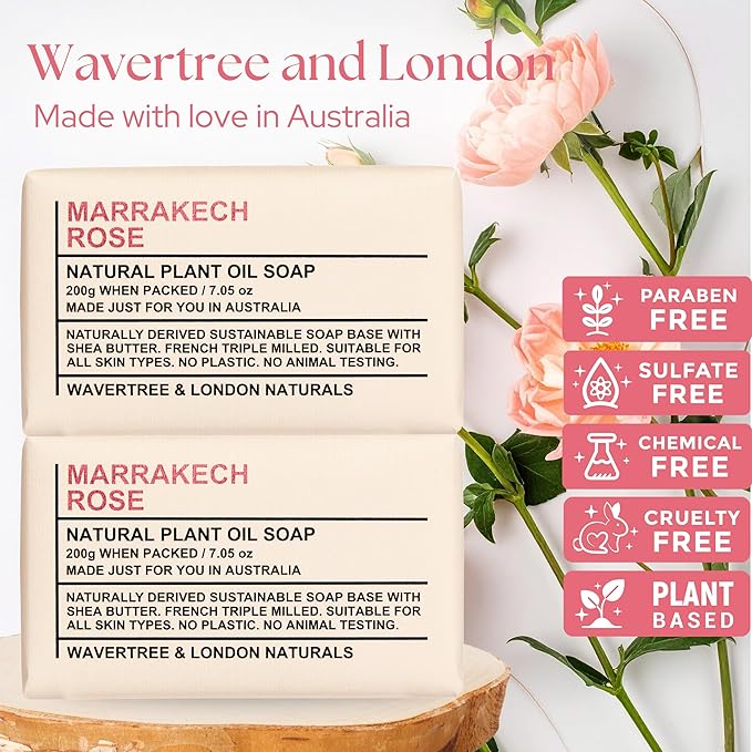 Wavertree & London Marakech Rose Scented Natural Soap Bars (2 Bars), 7oz Moisturizing French Triple Milled Soap enriched with shea butter - Plant Oil Bath & Body Soap Bars [100% Naturally derived]