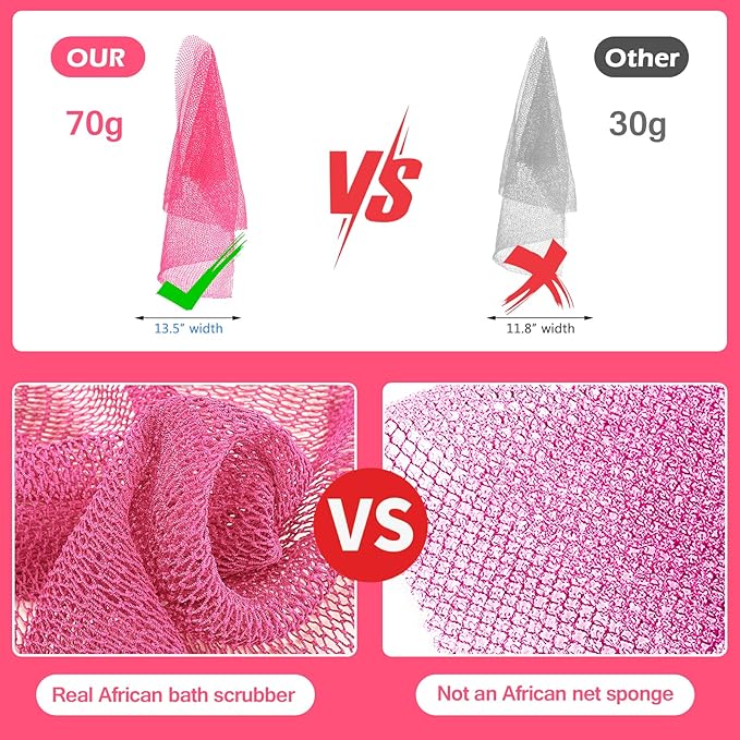 African Net Sponge, Authentic Exfoliating Body Scrubber for Bath and Shower, Multiple Textures with Gentle Deep Exfoliating and Rich Lather for All Skins (Pink)