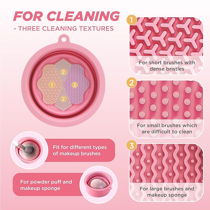 Makeup Brush Cleaner - Foldable Silicone Makeup Brush Cleaner Mat with Brush Storage Holder Makeup Brush Cleaning Bowl Cosmetic Brush Washing Tool for Cleaning Organizer and Drying (Pink)
