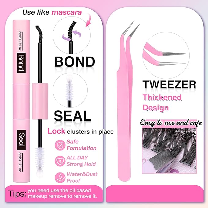 TOOCHUNAG Lash Extension Kit 384pcs Wispy Lash Clusters Kit 30D+40D+50D+60D Mixed Natural Cluster Eyelash Extension Kit 0.05D Individual Lashes with Lash Bond and Seal, Lash Tweezers