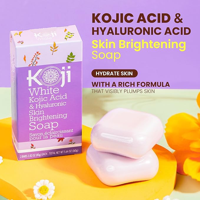 Koji White Kojic Acid & Hyaluronic Acid Skin Brightening Soap for Hydrating, Face Moisturizer, Skin Radiant, Cleansing Bar, Reduces the Appearance of Wrinkles with Vitamin E, Vegan, 2.82 Oz (2 Bars)